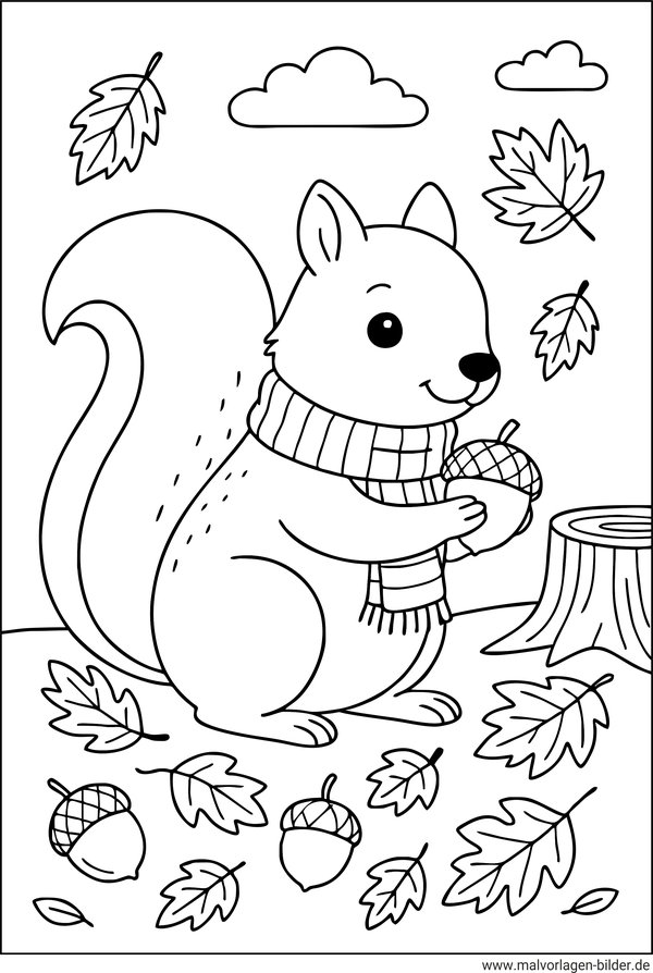 Ausmalbild Eichhörnchen im Herbst