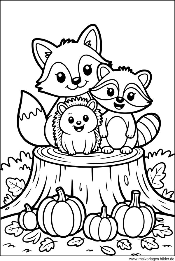 Ausmalbild Herbst Fuchs Igel Waschbaer