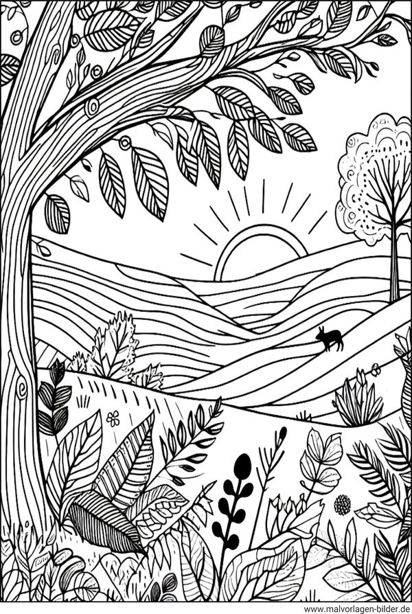 Ausmalbild Herbst Sonnenaufgang in der Natur