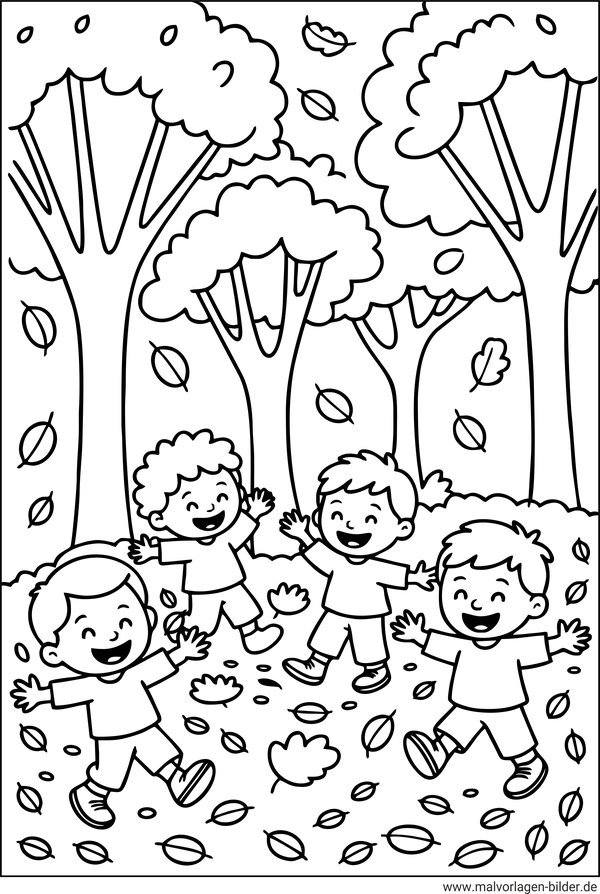 Ausmalbild Kinder spielen im Herbst
