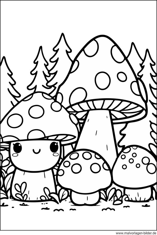 Ausmalbild Pilze im Wald