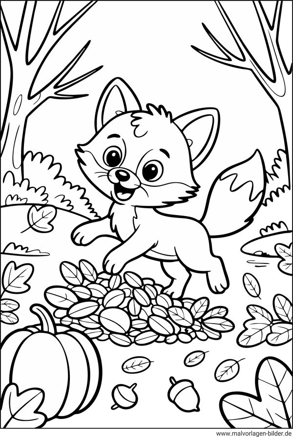 Herbst Ausmalbild Fuchs im Wald und Blätter