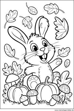 Herbst Ausmalbild Hase Wind Blätter und Pilze