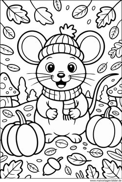 Herbst Ausmalbild Maus Blätter und Kürbis