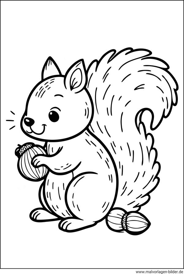Herbst Eichhörnchen sammelt Nüsse Ausmalbild