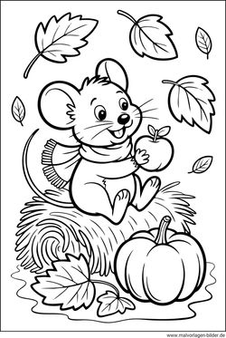 Herbst Maus Blätter Ausmalbild für Kinder