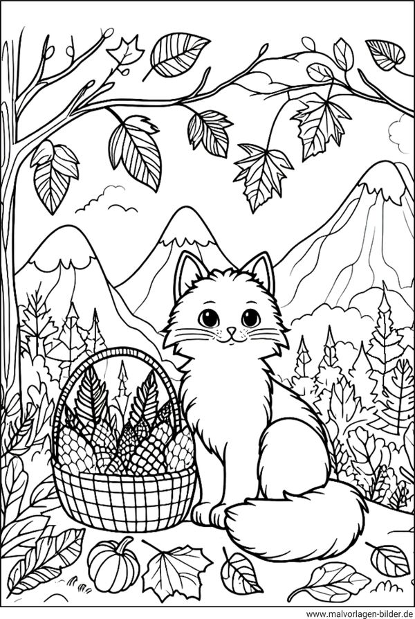 Katze im Herbstwald Ausmalbild