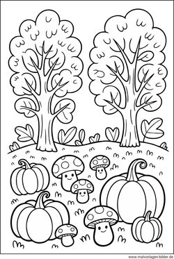 Kürbis und Pilze Herbst Ausmalbild für Kinder