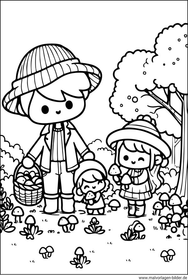 Pilze sammeln im Herbst Ausmalbild