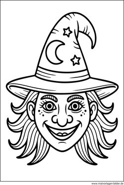 Ausmalbild Hexengesicht mit Hut