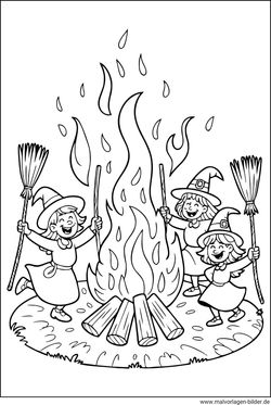 Drei Hexen tanzen um ein Feuer Ausmalbild