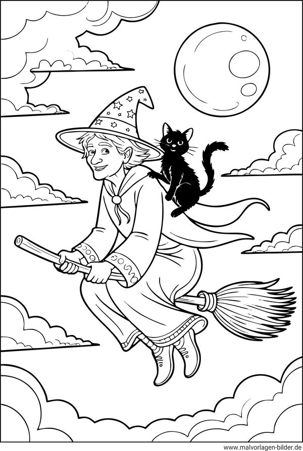 Hexe auf ihrem Besen mit Katze Ausmalbild