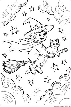 Hexe auf dem Besen mit Katze Ausmalbild drucken