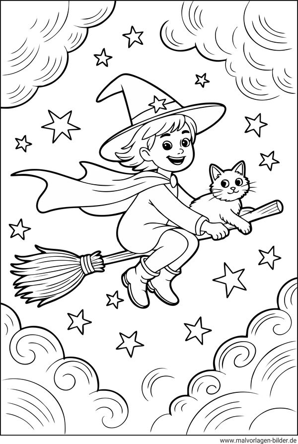 Hexe auf dem Besen mit katze Ausmalbild für Kinder