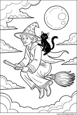 Hexe und ihr Besen plus eine scharzer Katze Ausmalbild