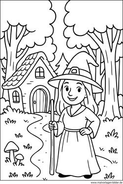 Hexe mit Hexenhaus im Wald Ausmalbild