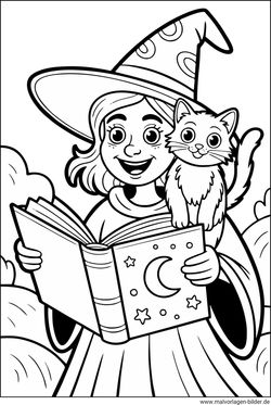 Hexe, Katze und ihr Hexenbuch Malvorlage ausdrucken