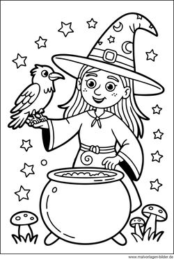 Hexe mit einem Vogel auf der Hand Ausmalbild