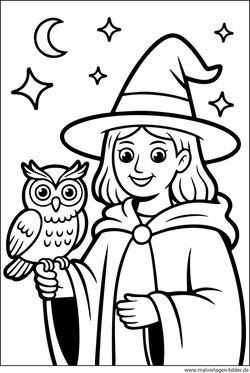 Hexe mit Eule Ausmalbild für Mädchen