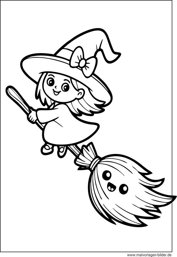 Hexe und ihr Besen Ausmalbild für Kinder