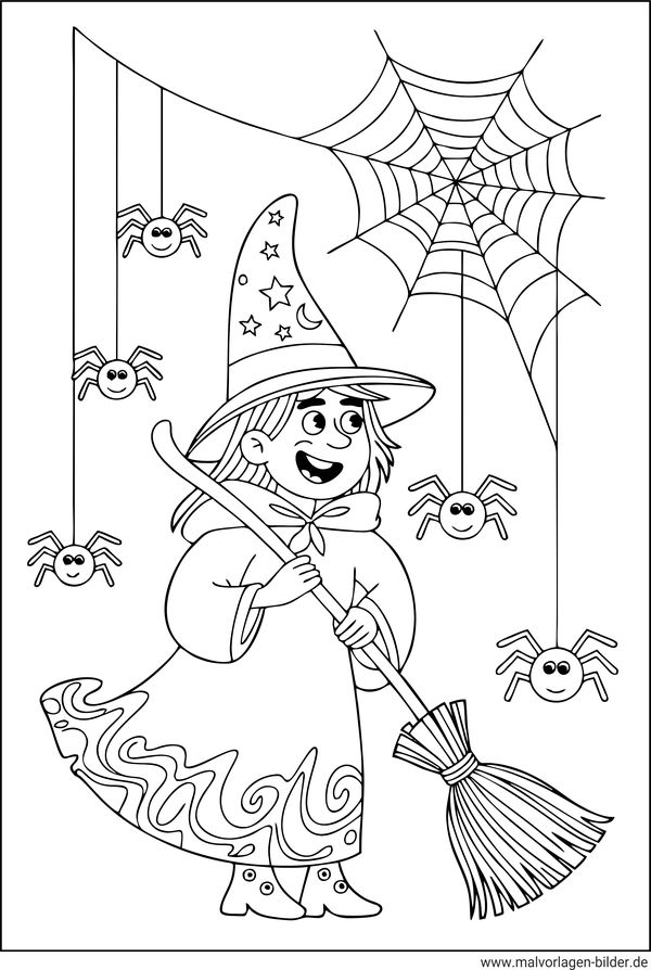 Hexe und Spinnen Ausmalbild