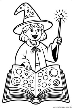 Hexe mit Zauberstab und Zauberbuch Ausmalbild