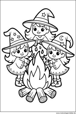 Hexen und ein Lagerfeuer Malvorlage kostenlos