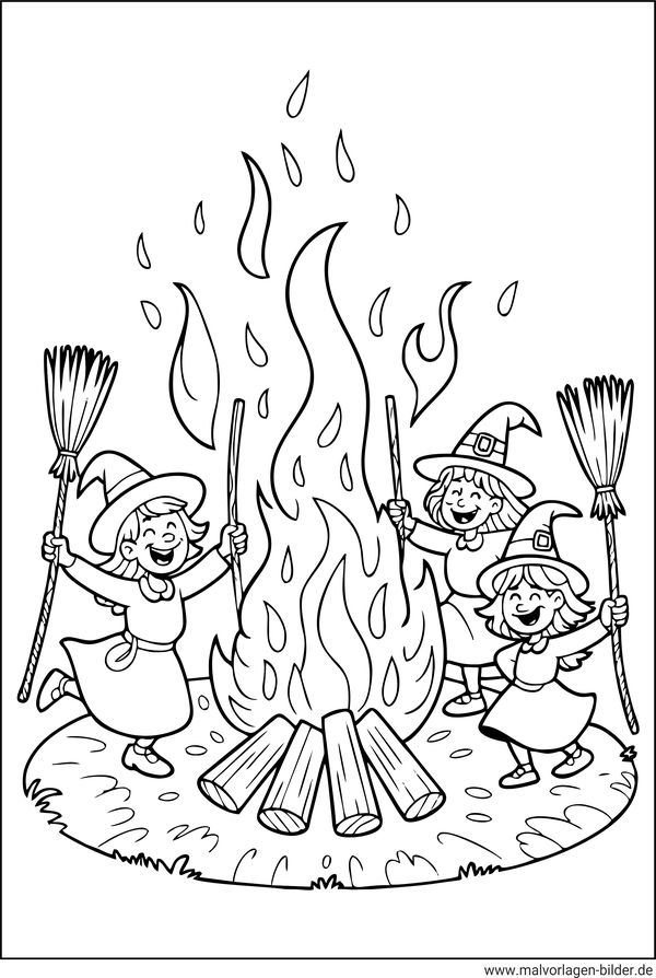 Hexen Tanzen ums Feuer Ausmalbild