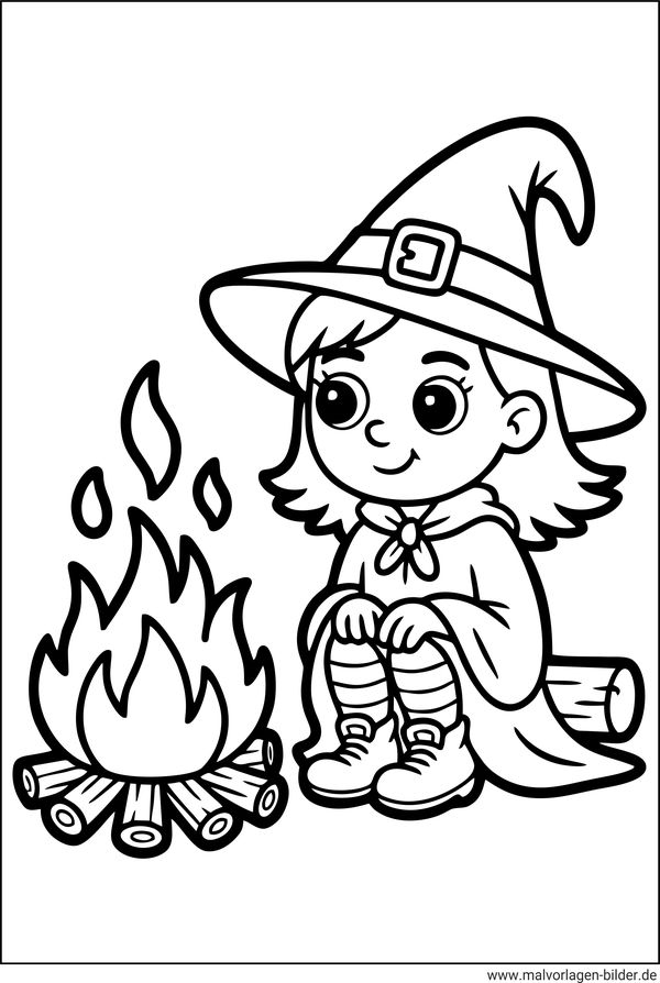 Kleine Hexe am Lagerfeuer Ausmalbild