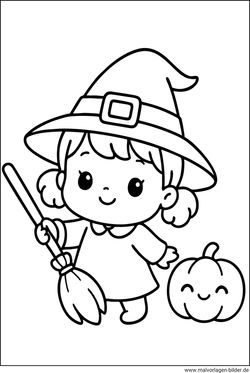 Niedliche Hexe mit Besen Ausmalbild ausmalen