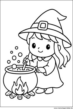 Süße Hexe als einfaches Ausmalbild für Kinder
