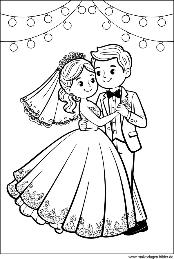 Ausmalbild Hochzeitstanz - Brautpaar beim Tanzen