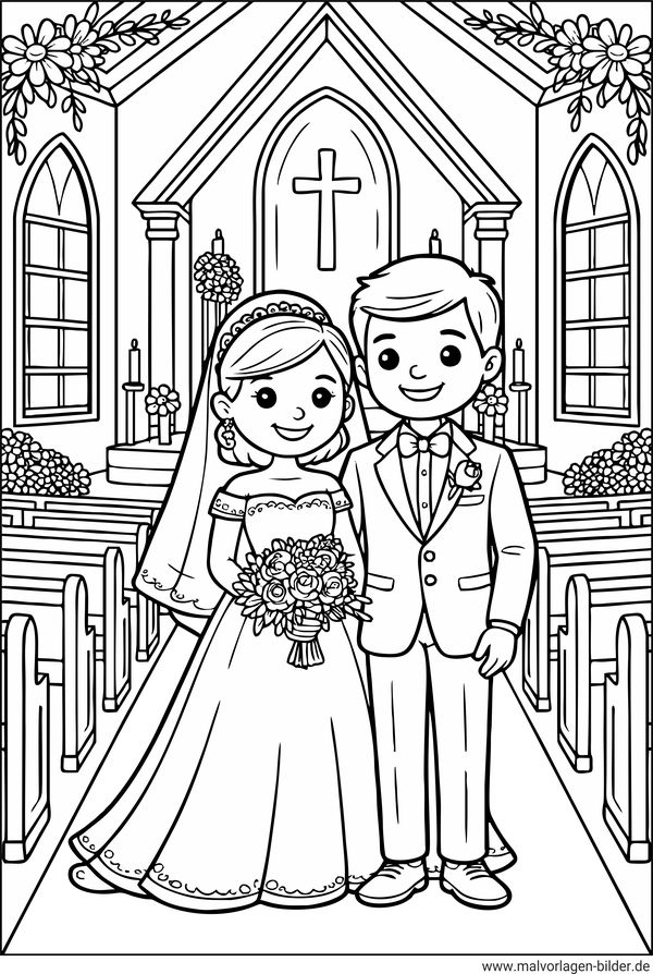 Ausmalbild Brautpaar in der Kirche