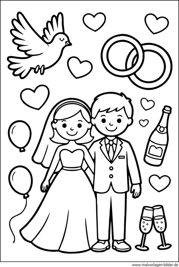 Ausmalbild Hochzeit Ringe Taube Sekt Brautpaar