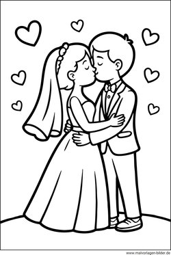 Ausmalbild Hochzeitspaar küssen sich