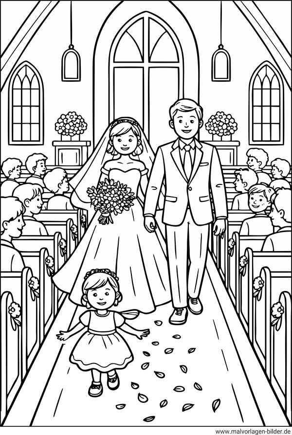 Brautpaar und Blumenmädchen in der Kirche Ausmalbild