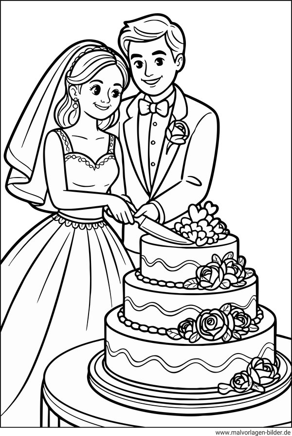 Brautpaar schneidet die Hochzeitstorte an Ausmalbild