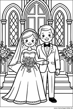 Hochzeit in der Kirche Ausmalbild mit Brautpaar