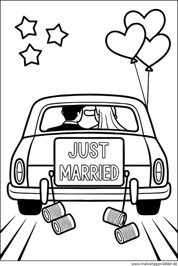 Hochzeitsauto Just Married Ausmalbild