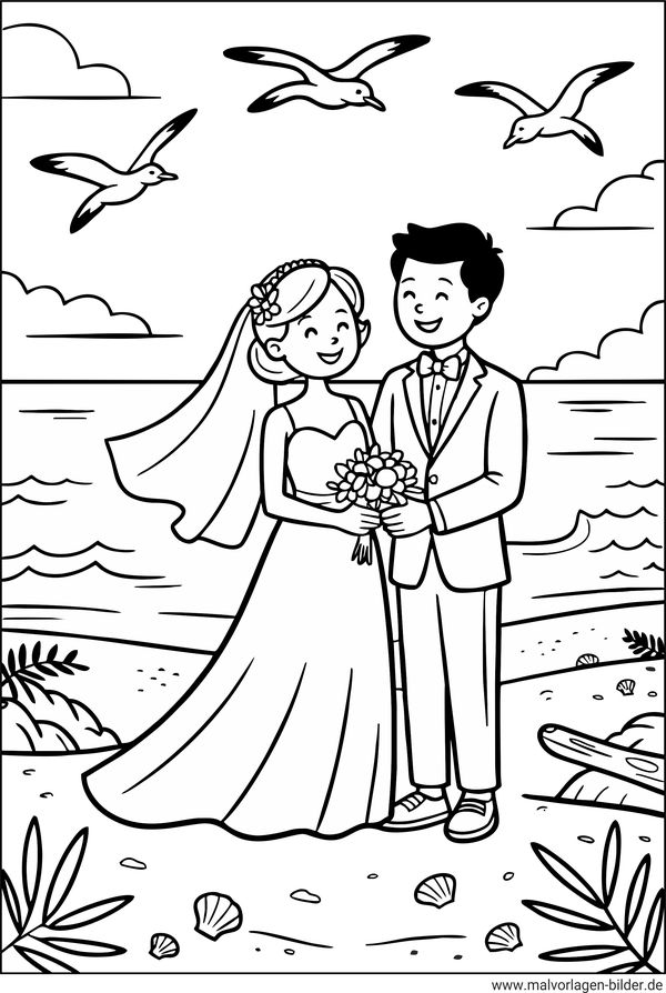 Hochzeitspaar am Starnd Ausmalbild