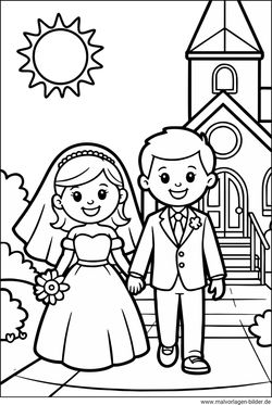 Hochzeitspaar vor einer Kirche Ausmalbild