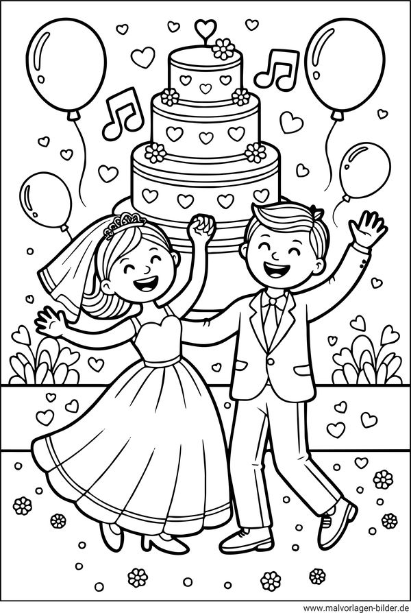 Brautpaar auf ihrer Hochzeitsparty Ausmalbild