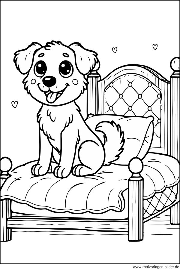 Ausmalbild Hund im Bett