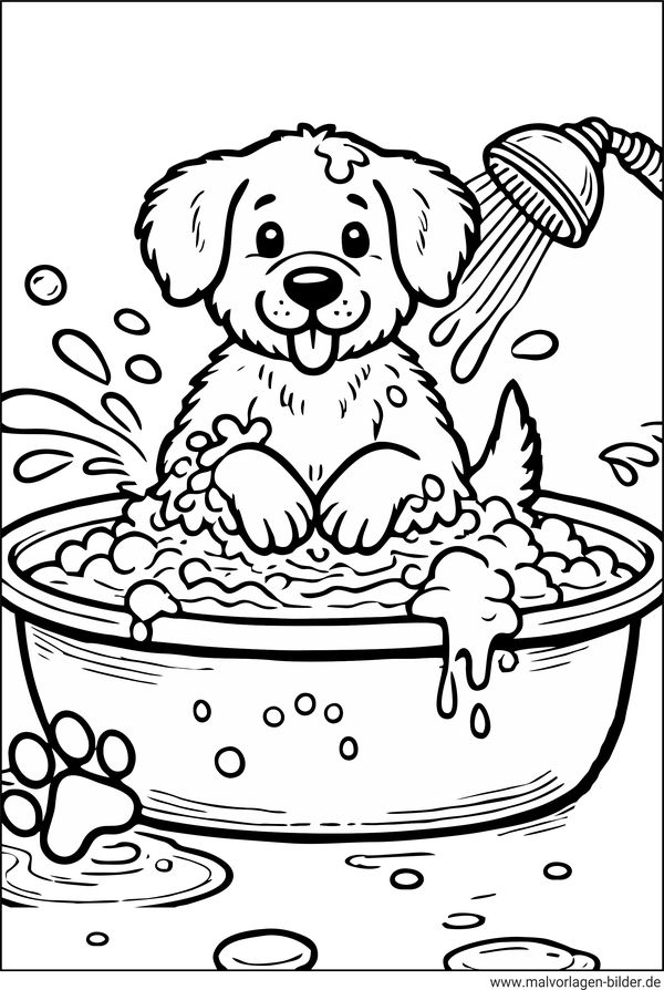 Hund beim Baden Ausmalbild