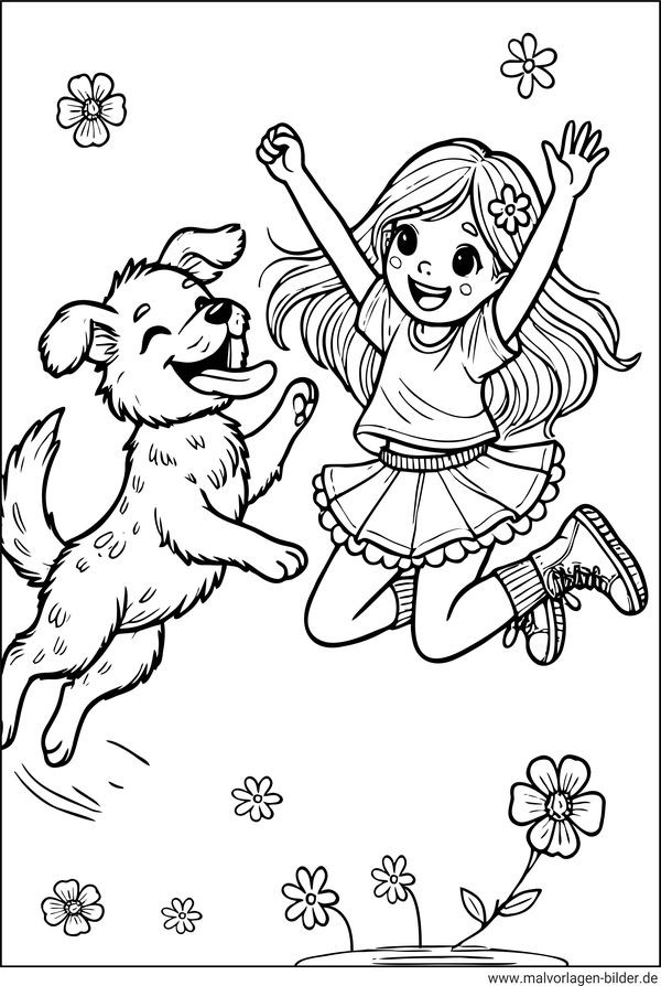 Hund spielt mit einem Mädchen Ausmalbild