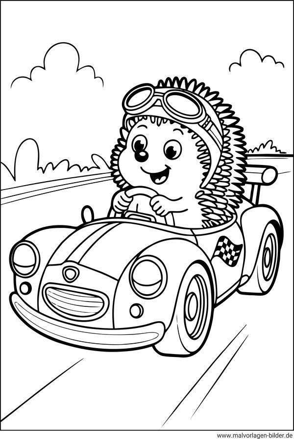 Ausmalbild Igel fährt ein Auto