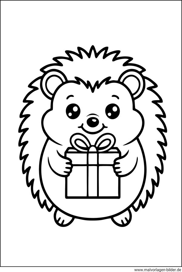 Ausmalbild Igel mit Geschenk