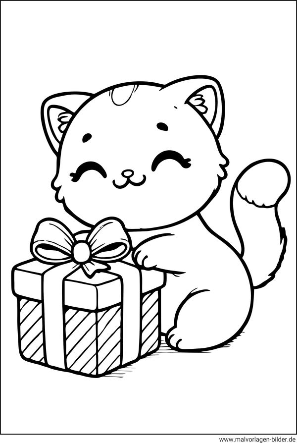 Ausmalbild Katze mit einem Geschenk