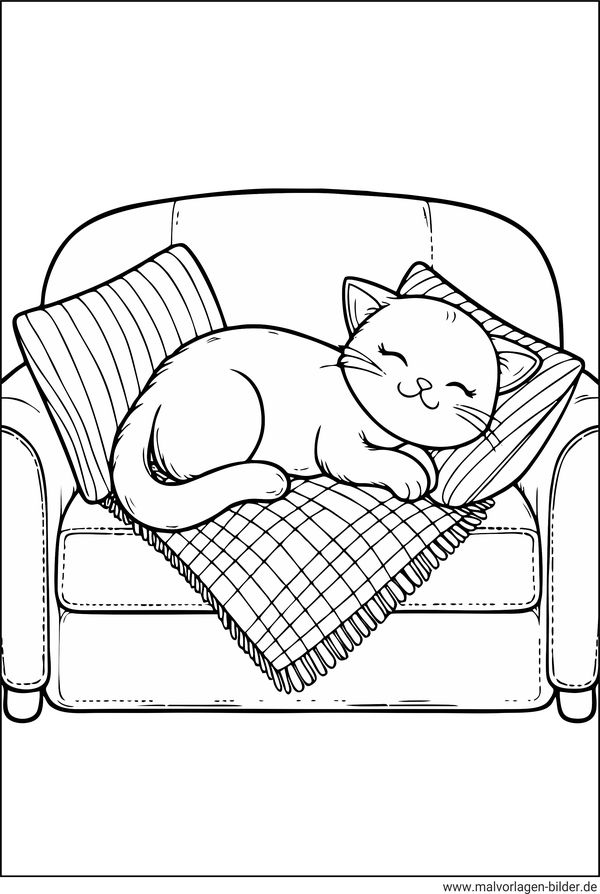 Ausmalbild Katze schläft auf einem Sofa
