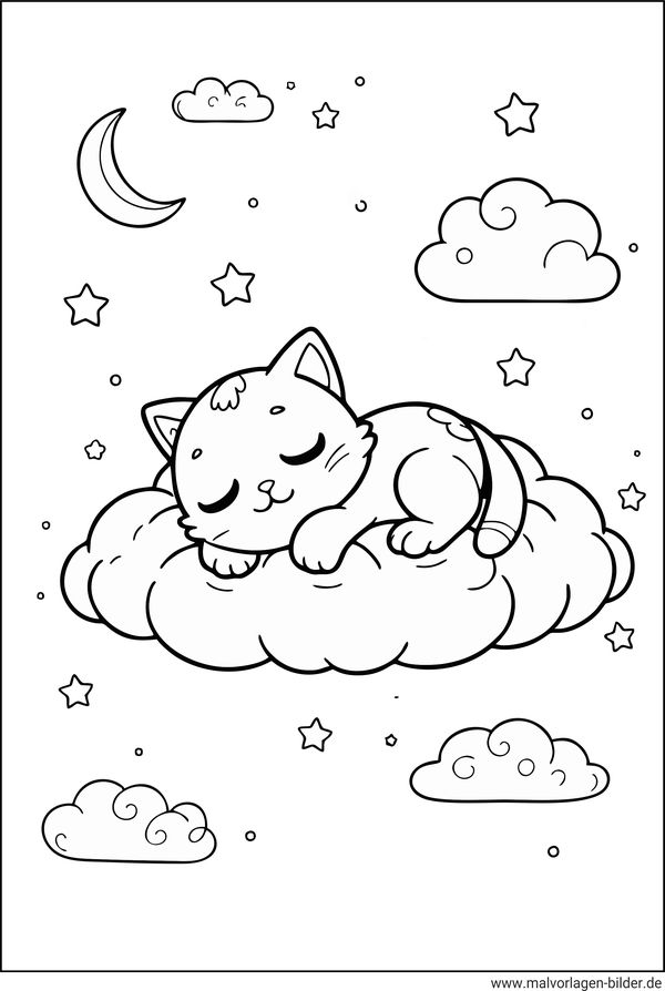 Ausmalbild Katze schläft auf einer Wolke